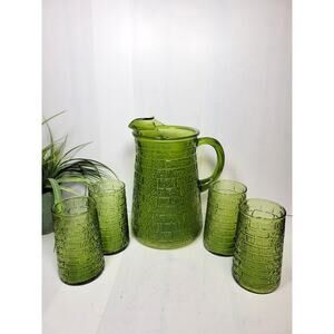 Vintage Bartlett Collins Brick Road Green Glass Pitcher & 4 Tumblers, MCM